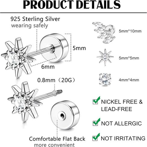 Dochais Flat Back Sterling Silver Earrings 14K Gold Plated Hypoallergenic Stud Earrings for Women Men Tragus Helix Piercing Jewelry Small Cubic Zirconia Cartilage Earring Sets in Saudi Arabia