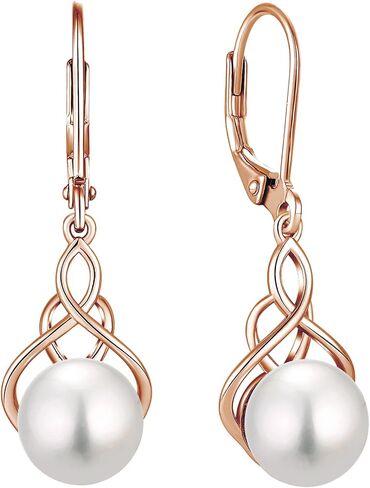18K Gold Plated Pearl Earrings, 925 Sterling Silver Good Luck Irish Celtic Knot Dangle Earrings, 9MM Freshwater Cultured Pearl Leverback Dangle Earrings Celtic Jewelry Gift for Women in Saudi Arabia