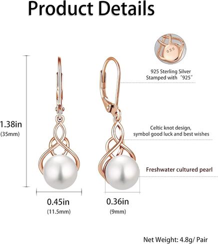 18K Gold Plated Pearl Earrings, 925 Sterling Silver Good Luck Irish Celtic Knot Dangle Earrings, 9MM Freshwater Cultured Pearl Leverback Dangle Earrings Celtic Jewelry Gift for Women in Saudi Arabia
