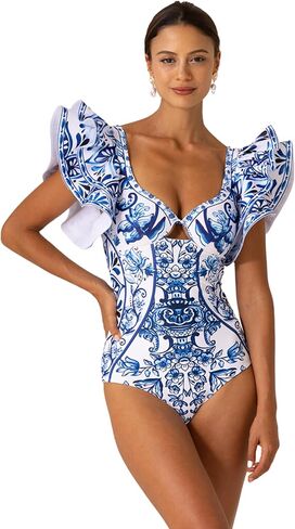 FLAXMAKER Ruffle Blue and White Porcelain Pattern Majolica Print One Piece Swimsuit and Skirt/Sarong in Saudi Arabia