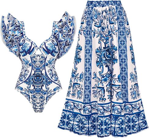 FLAXMAKER Ruffle Blue and White Porcelain Pattern Majolica Print One Piece Swimsuit and Skirt/Sarong in Saudi Arabia