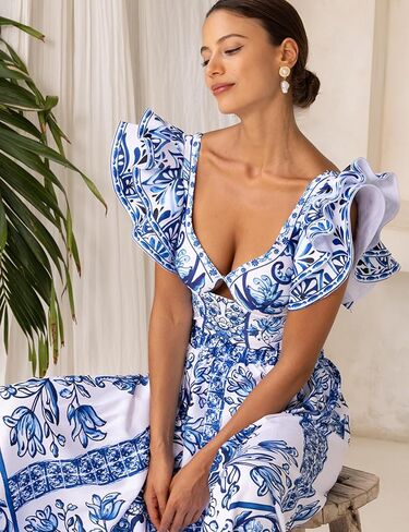 FLAXMAKER Ruffle Blue and White Porcelain Pattern Majolica Print One Piece Swimsuit and Skirt/Sarong in Saudi Arabia