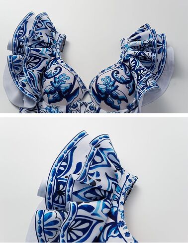 FLAXMAKER Ruffle Blue and White Porcelain Pattern Majolica Print One Piece Swimsuit and Skirt/Sarong in Saudi Arabia