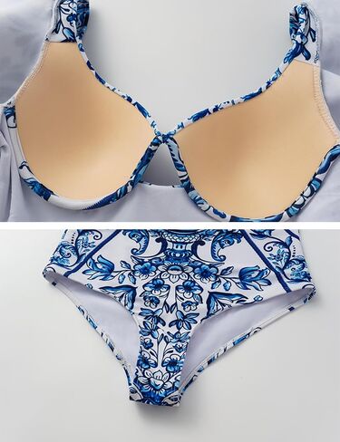 FLAXMAKER Ruffle Blue and White Porcelain Pattern Majolica Print One Piece Swimsuit and Skirt/Sarong in Saudi Arabia