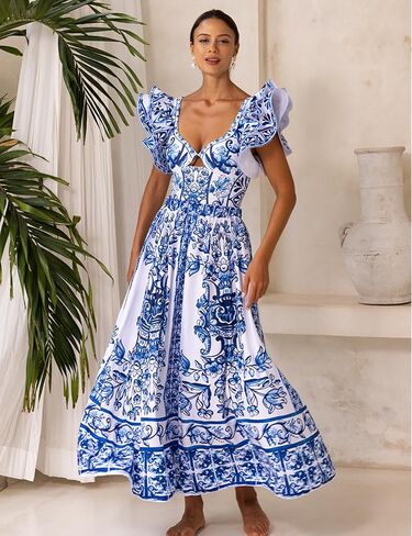 FLAXMAKER Ruffle Blue and White Porcelain Pattern Majolica Print One Piece Swimsuit and Skirt/Sarong in Saudi Arabia