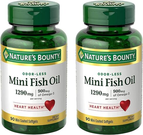Nature's Bounty Mini Fish Oil Softgels 1290 mg, Omega-3, Supports Heart Health, Odor-Less, 90 Mini Coated Softgels - Pack of 2 in Saudi Arabia