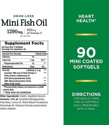 Nature's Bounty Mini Fish Oil Softgels 1290 mg, Omega-3, Supports Heart Health, Odor-Less, 90 Mini Coated Softgels - Pack of 2 in Saudi Arabia