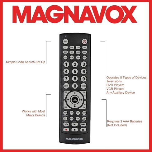 ماجنافوكس MC348 8 في 1 جهاز تحكم عن بعد عالمي | تحكم في ما يصل إلى 8 أجهزة باستخدام جهاز تحكم عن بعد واحد | يعمل مع معظم العلامات التجارية الكبرى | يعمل مع التلفزيون وأقراص DVD وVCR الفضائية والمزيد | in Kuwait