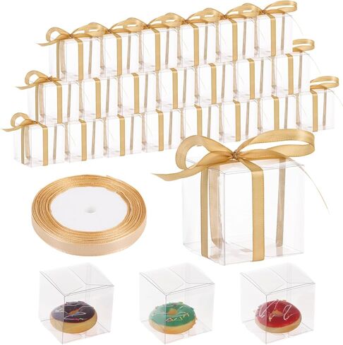 BATTIPAW 50 Pcs Clear Favor Boxes, 2.76×2.76×2.76" Party Gift Boxes with Gift Ribbon, Small Transparent Treat Boxes, Plastic Cube Boxes for Macaron, Cupcake, Candy, Packing Boxes for Wedding, Party in Kuwait