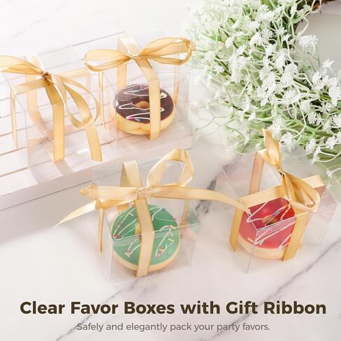 BATTIPAW 50 Pcs Clear Favor Boxes, 2.76×2.76×2.76" Party Gift Boxes with Gift Ribbon, Small Transparent Treat Boxes, Plastic Cube Boxes for Macaron, Cupcake, Candy, Packing Boxes for Wedding, Party in Kuwait