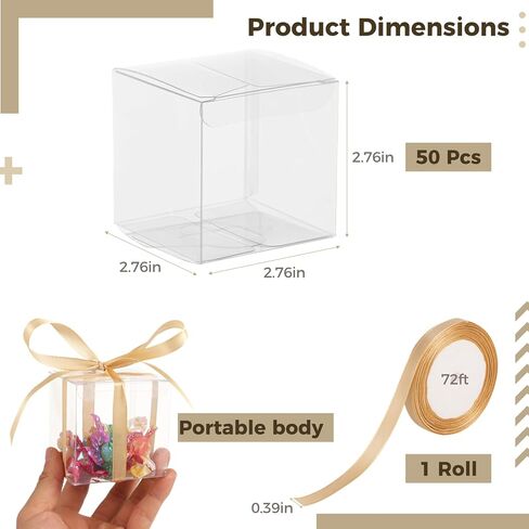 BATTIPAW 50 Pcs Clear Favor Boxes, 2.76×2.76×2.76" Party Gift Boxes with Gift Ribbon, Small Transparent Treat Boxes, Plastic Cube Boxes for Macaron, Cupcake, Candy, Packing Boxes for Wedding, Party in Kuwait