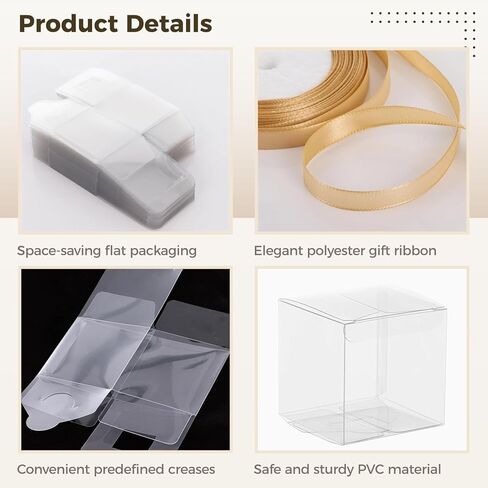 BATTIPAW 50 Pcs Clear Favor Boxes, 2.76×2.76×2.76" Party Gift Boxes with Gift Ribbon, Small Transparent Treat Boxes, Plastic Cube Boxes for Macaron, Cupcake, Candy, Packing Boxes for Wedding, Party in Kuwait