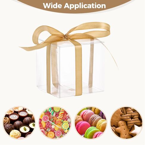 BATTIPAW 50 Pcs Clear Favor Boxes, 2.76×2.76×2.76" Party Gift Boxes with Gift Ribbon, Small Transparent Treat Boxes, Plastic Cube Boxes for Macaron, Cupcake, Candy, Packing Boxes for Wedding, Party in Kuwait