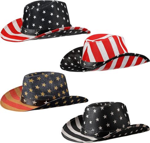 Bonuci 4 Pcs USA American Flag Cowboy Hat Patriotic Cowboy Hat Unisex Vintage Classic Style Western Hat with Shape Brim for Men Women Costume Independence Day Decoration Supplies and Summer Parties in Saudi Arabia