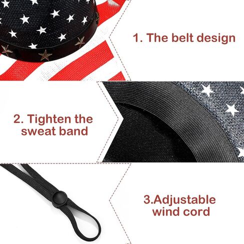 Bonuci 4 Pcs USA American Flag Cowboy Hat Patriotic Cowboy Hat Unisex Vintage Classic Style Western Hat with Shape Brim for Men Women Costume Independence Day Decoration Supplies and Summer Parties in Saudi Arabia