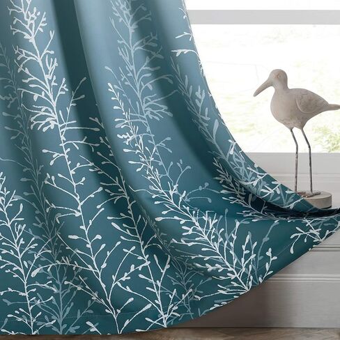 ستائر ryb home لغرفة المعيشة - فروع مستوحاة من الطبيعة ستائر متدرجة الحلقات لغرفة النوم وغرفة الطعام والمكتب ديكور نافذة عازلة للصوت، أبيض وأزرق، 52 بوصة عرض × 84 بوصة طول، زوج واحد in Kuwait