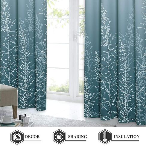 ستائر ryb home لغرفة المعيشة - فروع مستوحاة من الطبيعة ستائر متدرجة الحلقات لغرفة النوم وغرفة الطعام والمكتب ديكور نافذة عازلة للصوت، أبيض وأزرق، 52 بوصة عرض × 84 بوصة طول، زوج واحد in Kuwait