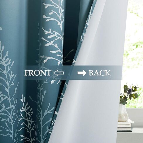 ستائر ryb home لغرفة المعيشة - فروع مستوحاة من الطبيعة ستائر متدرجة الحلقات لغرفة النوم وغرفة الطعام والمكتب ديكور نافذة عازلة للصوت، أبيض وأزرق، 52 بوصة عرض × 84 بوصة طول، زوج واحد in Kuwait