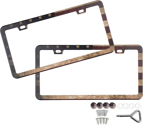 American Flag License Plate Frames for Car, Patriotic USA Stars and Stripes with Screws and Screw Covers, License Plate Frame Holders, Vintage Style (2 Pack) in Saudi Arabia