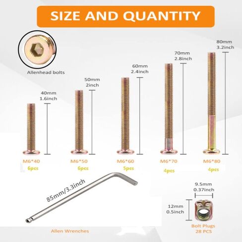 Crib Screws Hardware Replacement Kit -25 Set M6x40mm/50mm/60mm/70mm/80mm Hex Drive Socket Cap Furniture Barrel Screws Bolt Nuts Assortment Kit in Kuwait