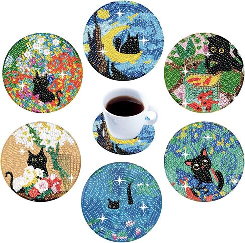 GUYANA 6 قطع من قواعد الأكواب الماسية، أطقم فنية ماسية للقطط من فان جوخ للمبتدئين، للمبتدئين البالغين، مجموعة أدوات الرسم الماسي - هدية مدروسة (3.94 × 3.94 بوصة) in Kuwait