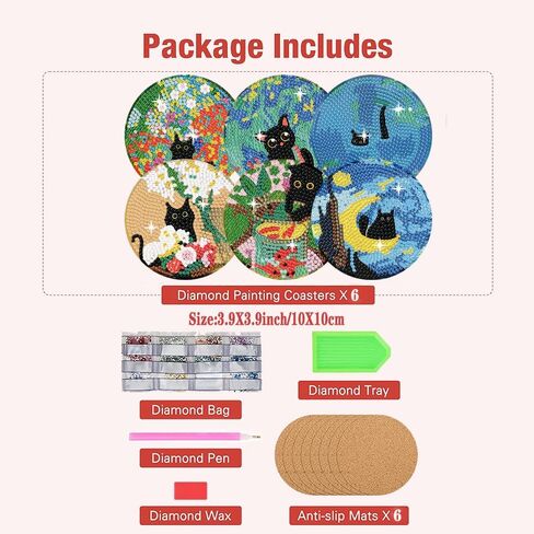 GUYANA 6 قطع من قواعد الأكواب الماسية، أطقم فنية ماسية للقطط من فان جوخ للمبتدئين، للمبتدئين البالغين، مجموعة أدوات الرسم الماسي - هدية مدروسة (3.94 × 3.94 بوصة) in Kuwait