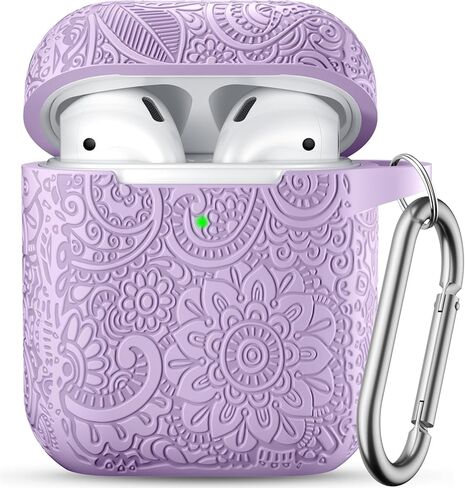 غطاء حافظة AirPods منقوش بالزهور متوافق مع الجيل الثاني/الأول من Apple AirPod، واقي سيليكون ناعم أنيق مع سلسلة مفاتيح، حماية كاملة، رؤية أمامية LED، أخضر صنوبر in Kuwait