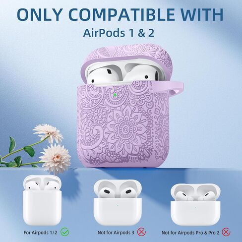 غطاء حافظة AirPods منقوش بالزهور متوافق مع الجيل الثاني/الأول من Apple AirPod، واقي سيليكون ناعم أنيق مع سلسلة مفاتيح، حماية كاملة، رؤية أمامية LED، أخضر صنوبر in Kuwait