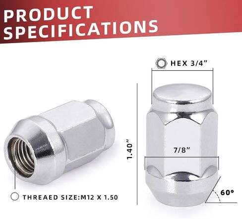 M12 x 1.5 One-Piece Wheel Tire Lug Nuts Bulge Lug Nuts, Stylish Steel with Chrome Finish, Durable Structure, Easy to Install, 4 PCS in Saudi Arabia