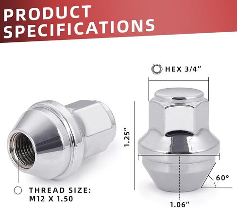 M12 x 1.5 One-Piece Wheel Tire Lug Nuts Bulge Lug Nuts, Stylish Steel with Chrome Finish, Durable Structure, Easy to Install, 4 PCS in Saudi Arabia