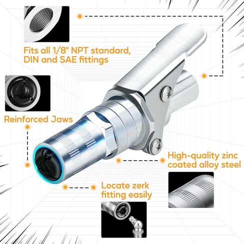 قارنة توصيل مسدس الشحوم ذات الضغط العالي - قفل سريع على تركيب مسدس الشحوم شديد التحمل من زيرك، قفل سريع لفصل طرف مسدس الشحوم، متوافق عالمي مع جميع أطراف مسدس الشحوم 1/8 بوصة NPT، ترقية 12000 رطل لكل بوصة مربعة in Kuwait