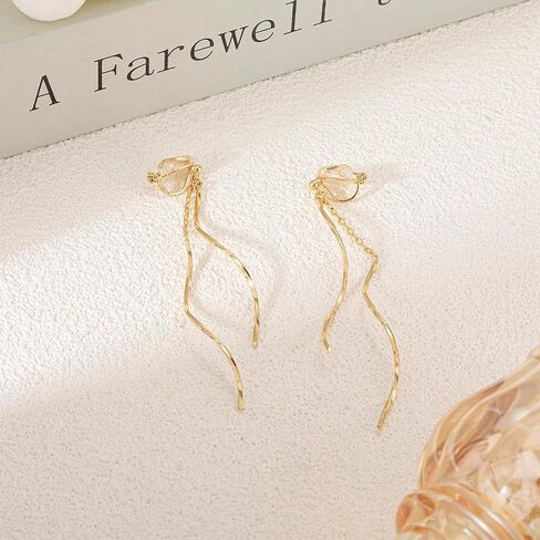 Clip on Earrings for Women 14K Gold Plated Long Dangle White Pearl Earrings Simple No Piercing Hoop Stud Earrings Lightweight Curve Tassel Chain Ear Clips Minimalist Jewelry Wedding Christmas Gift in Saudi Arabia