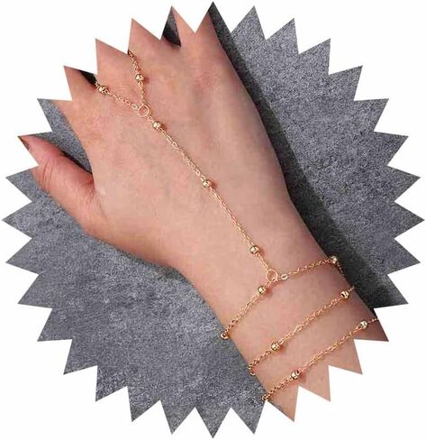 Yalice Boho Beaded Hand Chain Bracelet Satellite Finger Ring Bracelets Layered Slave Hand Jewelry for Women and Girls in Kuwait