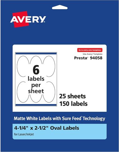 ملصقات Avery بيضاوية بيضاء غير لامعة مع تغذية مؤكدة، 4.25 بوصة × 2.5 بوصة، 150 ملصق أبيض غير لامع قابل للطباعة in Saudi Arabia
