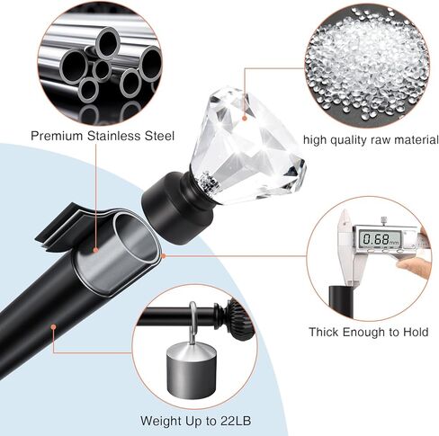 KNOBWELL Black Curtain Rods, Adjustable Single Curtain Rods, Crystal Curtain Rods 4 Pack for Windows, Diamond Curtain Rods 22 to 42, 1 Inch in Saudi Arabia