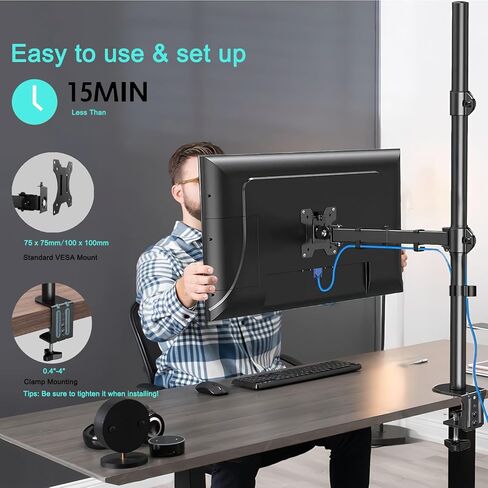 Tall Single Monitor Arm Mount for Desk Stand 32 inch Pole, Holds 13 to 32 inch up to 22 lbs LCD Screens, Adjustable and Flexible Viewing Angles +90° / -90° tilt, 180° Swivel, 360° Rotation (Black) in Saudi Arabia