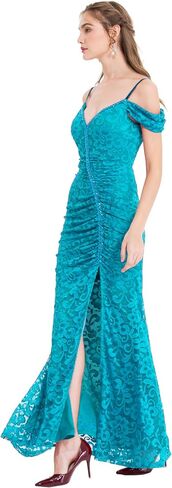 ANGEL FASHIONS Women's Off Shoulder Lace Split Ruffled Beading Sheath Wedding Dress in Saudi Arabia