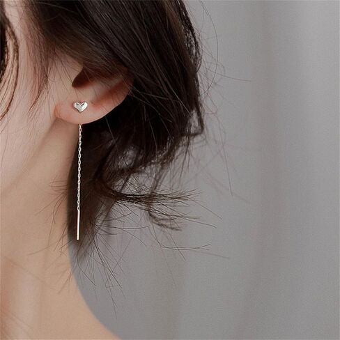 Heart Threader Chain Earrings Gold Silver Plated Vintage Love Heart Leaf Shaped Double Piercing Long Tassel Lightweight Minimalist 925 Sterling Silver Dangle Drop Earrings for Women Girls Jewelry Gifts in Saudi Arabia