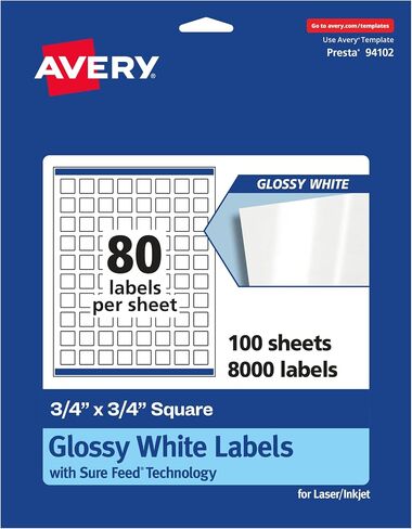 Avery Glossy White Square Labels with Sure Feed, 3/4" x 3/4", 2,000 Glossy White Labels, Print-to-The-Edge, Permanent Label Adhesive, Laser/Inkjet Printable Labels in Saudi Arabia