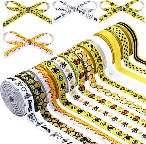 12 لفة من شريط نحلة grosgrain شريط زخرفي للنحل مقاس 3/8 بوصة شريط أصفر على شكل زهرة عسل النحل لتغليف الهدايا لتغليف الهدايا اليدوية وتغليف الهدايا وديكور الحفلات، 60 ياردة in Kuwait