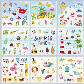 Hying 9 Sheets Summer Window Clings Hawaii Window Stickers Decals Beach Pool Party Static Surfing Gnomes Shells Window Decal for Refrigerator Tropical Summer Beach Pool Party Decoration Supplies