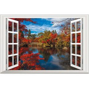 Faux Window Decals Autumn Feel Red Leaves Peaceful Lake False Window Clings Murals 3D Full Color Vinyl Bedroom Living Room Playroom Wall 24 inches x 16 inches