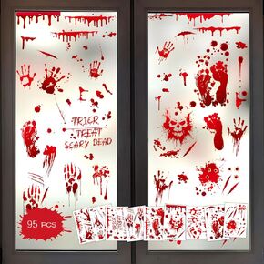 Halloween Decorations 95 PCS Halloween Window Clings, 9 Sheets Bloody Handprint Footprint Halloween Wall Decal Floor Clings, Scary Halloween Decoration Reusable Window Stickers