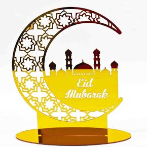 KYMY Eid Mubarak Table Stand Sign Ornaments, Muslim Arabic Ramadan Centerpieces, Golden Acrylic Moon Star Tabletop Decorations for Ramadan Islamic Festival Party Home Art Craft Supplies