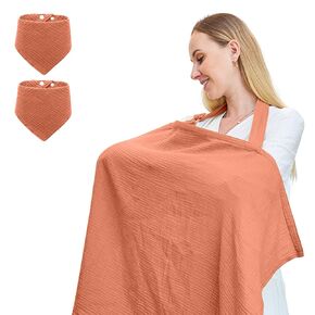 Muslin Nursing Cover for Breastfeeding, Breathable 100% Cotton Privacy Nursing Covers with Rigid Hoop for Mother Nursing Apron, Include Two Baby Bibs, Soft Arch Neckline Nursing Apron
