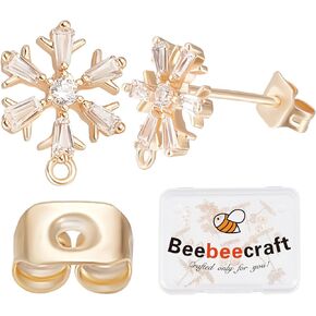 Beebeecraft 1 Box 20Pcs Zirconia Ear Stud Findings 18K Gold Plated Snowflake Earring Post with Loop and Brass Ear Nuts for Winter Christmas New Year Birthday DIY Earring Jewellery Making