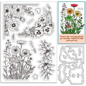 2pcs Flowers Stamp and Die Rose Silicone Stamps for Mother's Day Card Making Flower Corner Frame Cutting Dies Lily Rubber Stamps Mom I Love You Stamps and Dies for DIY Scrapbooking Embossing