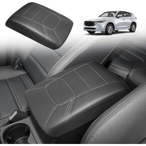Armrest Pad Center Console Cover Compatible with Mazda CX-5 2024 2023-2017 CX5 Accessories Middle Console Cover Cushion Vegan Leather Extra Soft Armrest Lid Protector (Black/Black Stitching)