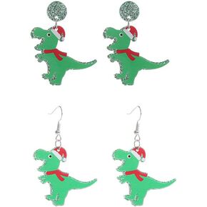 Dinosaur Dangle Earrings Cartoon Acrylic Funny Christmas Hat Dinosaur Animal Earrings for Women Girls Xmas Party Jewelry Gift 2Pcs