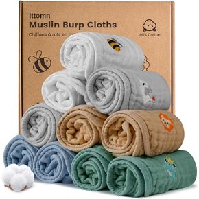 Muslin Burp Cloths 10 Pack,100% Cotton Baby Burping Clothes,Newborn Essential Must-Have Baby Registry,6 Layers Cotton Soft Washcloths,Multi-Colors Face Towels 20"x11"Large (Boys)